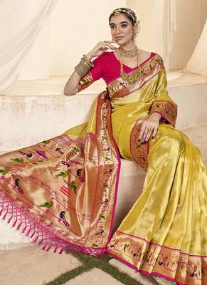 cream & pink paithani silk blend zari weaving with tussel  wedding wear saree 3
