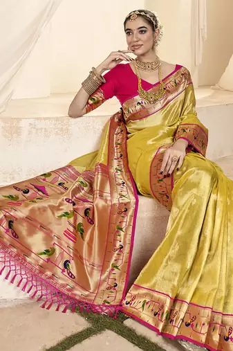 cream & pink paithani silk blend zari weaving with tussel  wedding wear saree
