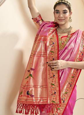 pink & red tissue paithani silk blend zari weaving with tussel  wedding wear saree 2