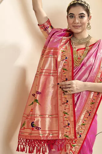 pink & red tissue paithani silk blend zari weaving with tussel  wedding wear saree