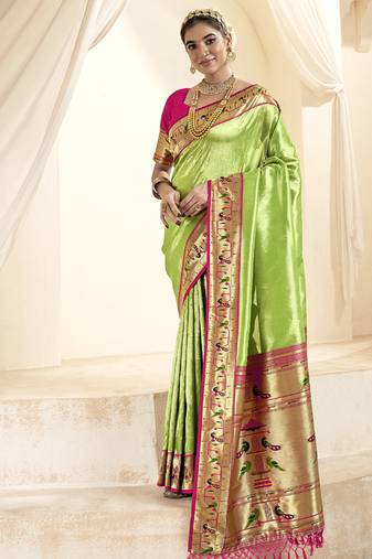 parrot green & pink tissue paithani silk blend zari weaving with tussel  wedding wear saree