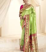 parrot green & pink tissue paithani silk blend zari weaving with tussel  wedding wear saree