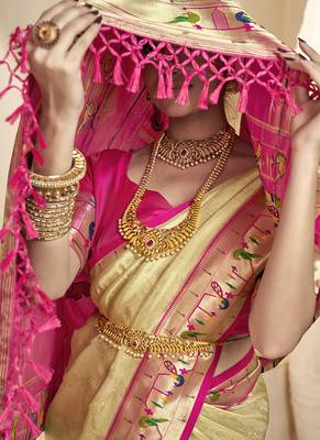 baige & pink tissue paithani silk blend zari weaving with tussel  wedding wear saree 2