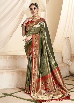 olive & red tissue paithani silk blend zari weaving with tussel  wedding wear saree 1