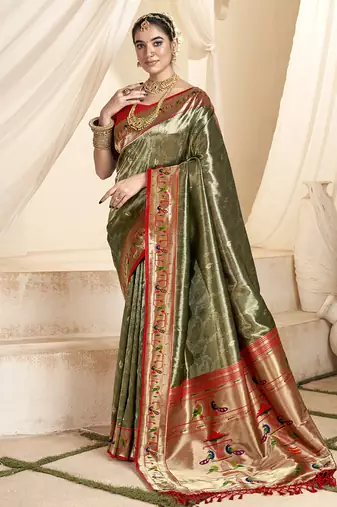 olive & red tissue paithani silk blend zari weaving with tussel  wedding wear saree