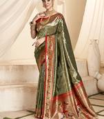 olive & red tissue paithani silk blend zari weaving with tussel  wedding wear saree
