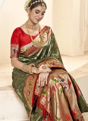 olive & red tissue paithani silk blend zari weaving with tussel  wedding wear saree 2
