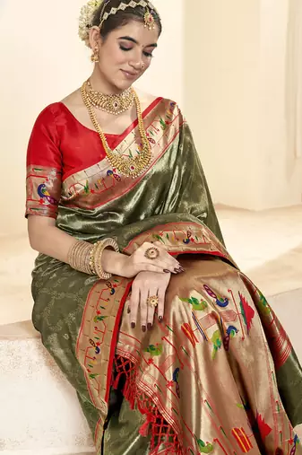 olive & red tissue paithani silk blend zari weaving with tussel  wedding wear saree