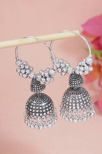 Ethnic silver oxidizedboho jhumka earrings for women (e3297ox)