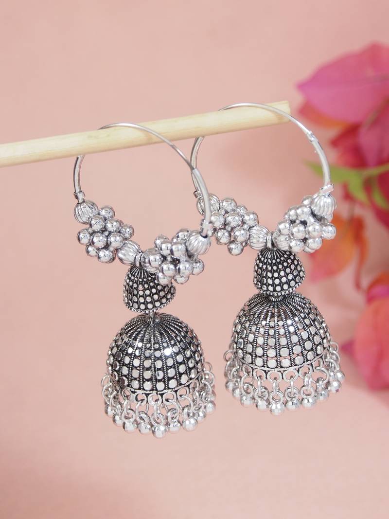 Ethnic silver oxidizedboho jhumka earrings for women (e3297ox)