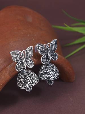 Ethnic silver oxidizedbutterfly jhumka earrings  1