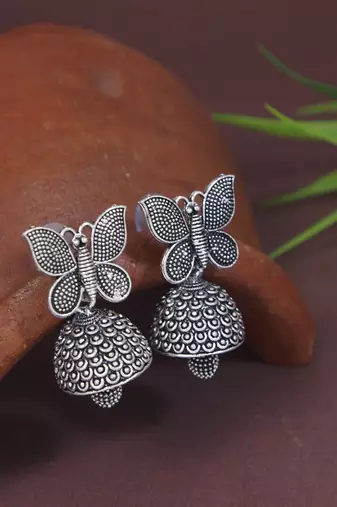 Ethnic silver oxidizedbutterfly jhumka earrings (e3310ox)