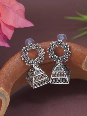 Ethnic silver oxidizedstyle dangle jhumka earrings for women  1
