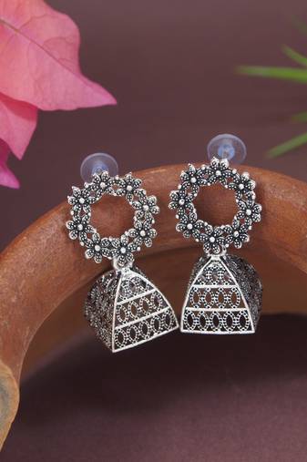 Ethnic silver oxidizedstyle dangle jhumka earrings for women (e3312ox)