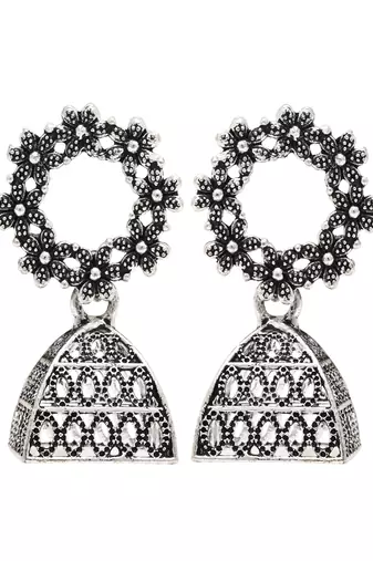 Ethnic silver oxidizedstyle dangle jhumka earrings for women 