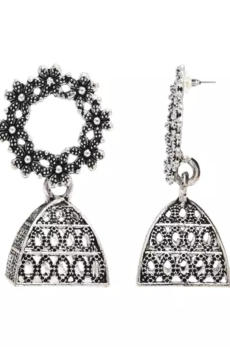 Ethnic silver oxidizedstyle dangle jhumka earrings for women 