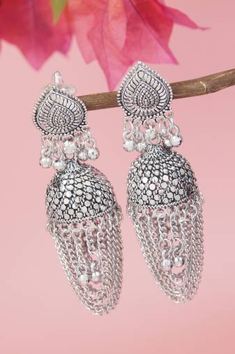 Ethnic silver oxidizedstyle jhumka earrings for women (e3315ox)
