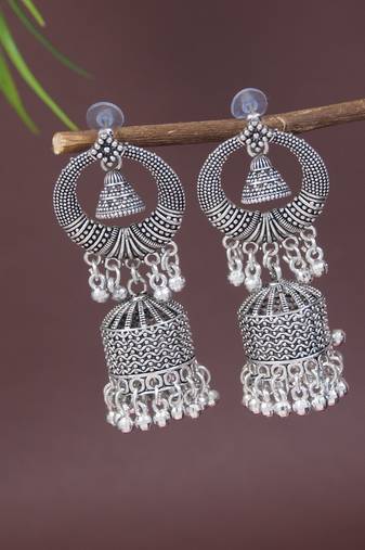 Ethnic silver oxidizedstyle dangle jhumka earrings for women (e3316ox)