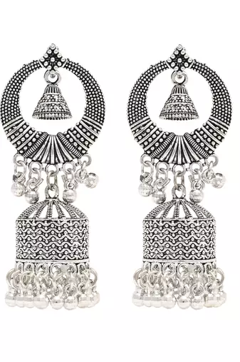 Ethnic silver oxidizedstyle dangle jhumka earrings for women 