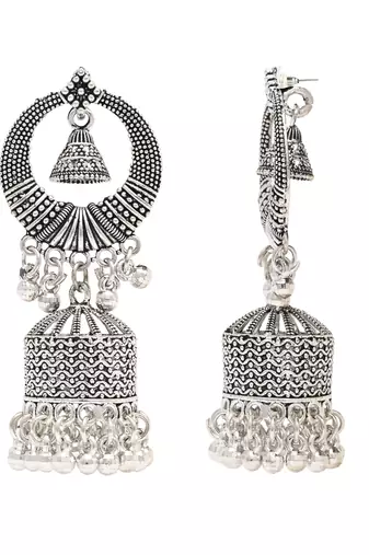 Ethnic silver oxidizedstyle dangle jhumka earrings for women 