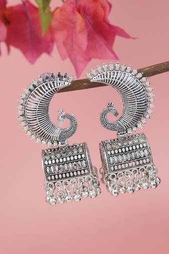 Ethnic silver oxidizedpeacock jhumka earrings for women (e3317ox)