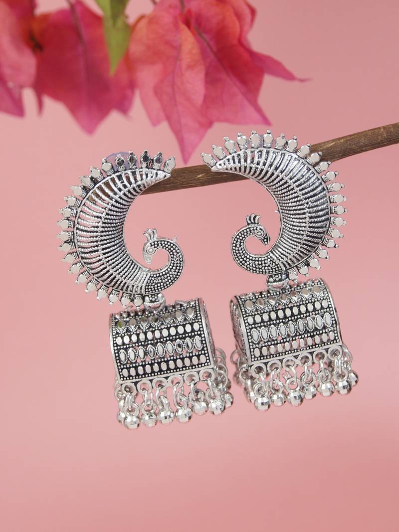 Ethnic silver oxidizedpeacock jhumka earrings for women (e3317ox)