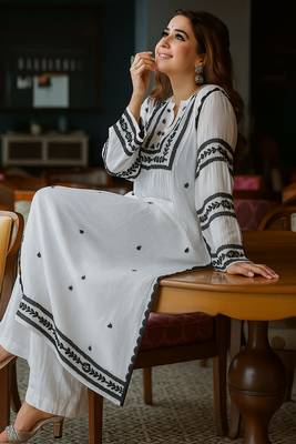 Elegant White & Black Rayon Embroidered Only Straight Kurta for Women 1