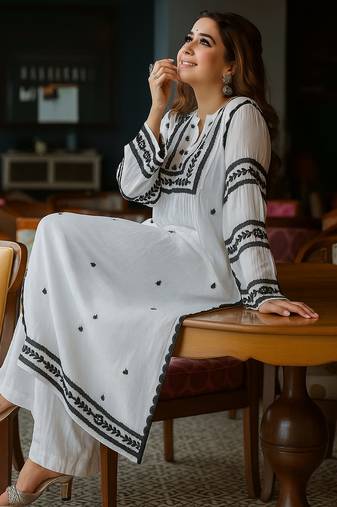Elegant White & Black Rayon Embroidered Only Straight Kurta for Women