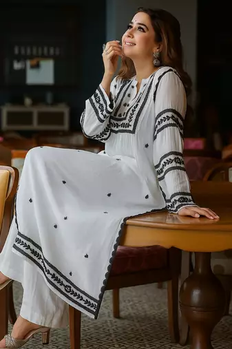 Elegant White & Black Rayon Embroidered Only Straight Kurta for Women