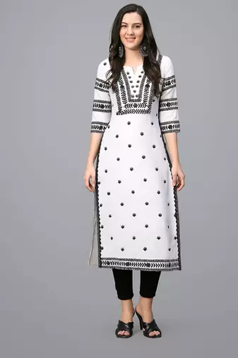 Elegant White & Black Rayon Embroidered Only Straight Kurta for Women