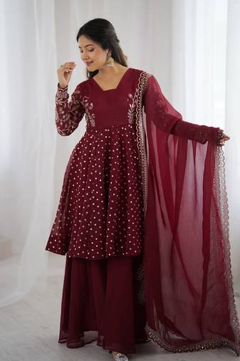 Maroon Embroidered Straight Suit Set