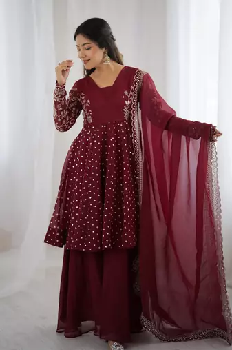 Maroon Embroidered Straight Suit Set