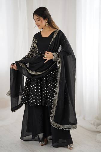 Black Embroidered Straight Suit Set