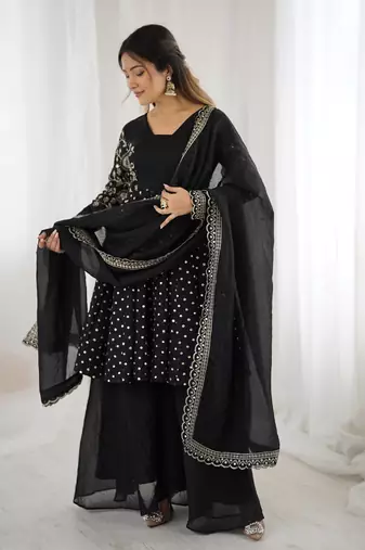 Black Embroidered Straight Suit Set