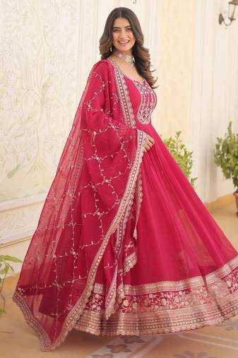 Pink embroidered sequin anarkali with dupatta