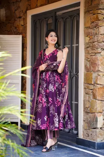 Plum Purple Floral Anarkali Kurta Pant Set with Dupatta