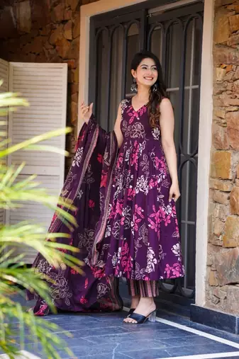 Plum Purple Floral Anarkali Kurta Pant Set with Dupatta