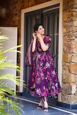 Plum Purple Floral Anarkali Kurta Pant Set with Dupatta 3