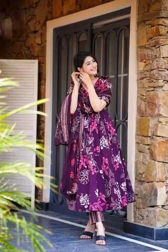 Plum Purple Floral Anarkali Kurta Pant Set with Dupatta