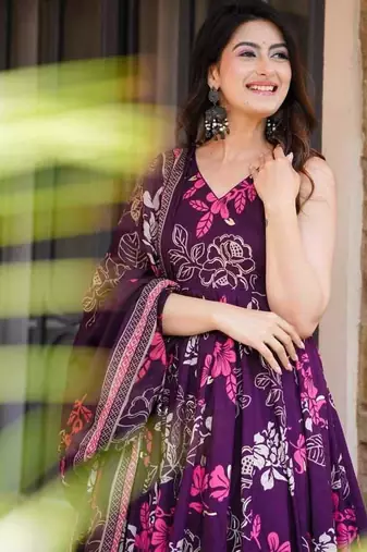Plum Purple Floral Anarkali Kurta Pant Set with Dupatta