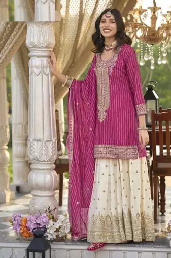 Pink chinon silk full stitched free size upto 42 wedding suits