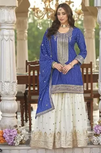 Blue chinon silk full stitched free size upto 42 wedding suits