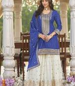 Blue chinon silk full stitched free size upto 42 wedding suits