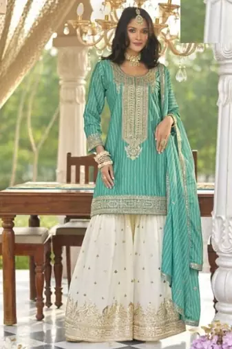 Aqua blue heavy chinon jacquars silk full stitched free size upto 44palazzo suits