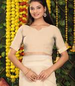 Gream printed linen cotton sarees with unsitch blouse