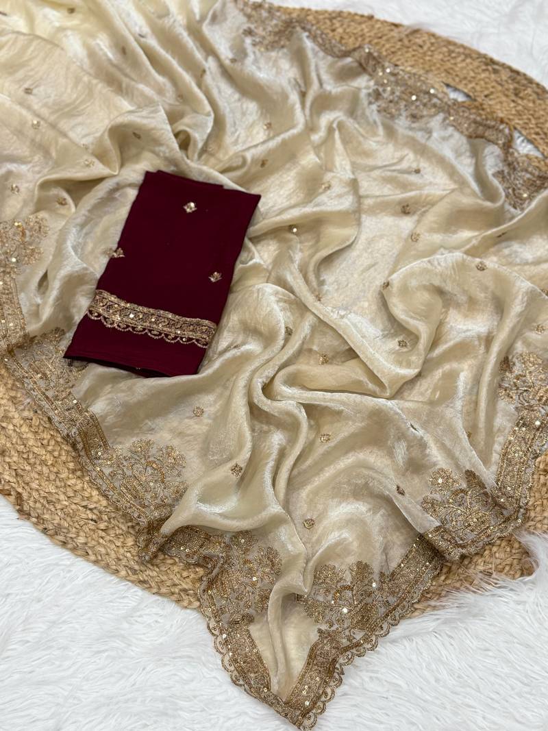 Cream Color Party  Dual Tone Satin Saree