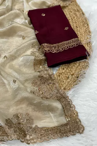 Cream Color Party  Dual Tone Satin Saree