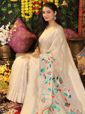 Gream printed linen cotton sarees with unsitch blouse 2