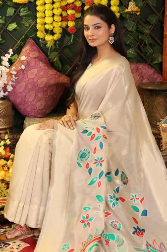 Gream printed linen cotton sarees with unsitch blouse