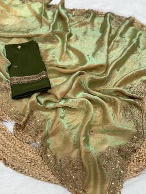 Olive Green Color Party  Dual Tone Satin Saree 1